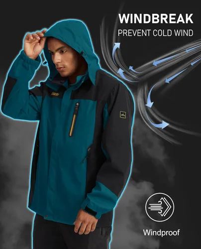 Vista 5 de MAGCOMSEN Men's Hooded Windproof Water Resistant Rain Jacket Windbreaker 5 Pockets for Hiking,Fishing,Runing