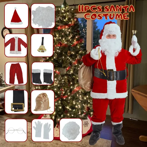 Vista 5 de Kofero Disfraz de Papá Noel para hombre, traje de Papá Noel para adultos, 11 piezas, terciopelo de lujo, traje de Navidad, fiesta de vacaciones, Rojo
