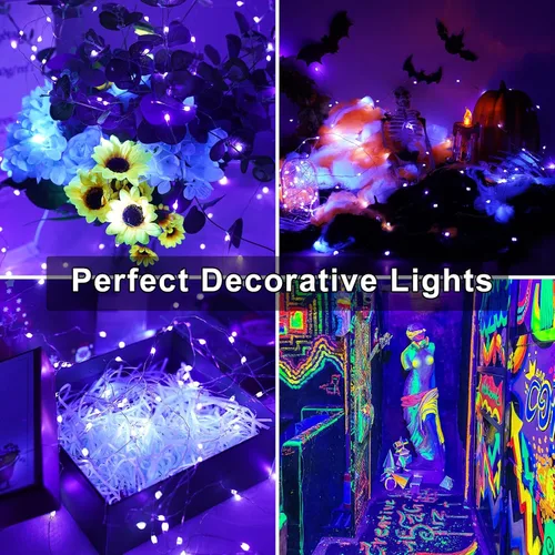 Vista 4 de OMIKA Paquete de 3 tiras de luces de batería de luz negra UV para interiores, 6.56 pies, 20 luces LED de alambre de cobre púrpura UV para Halloween