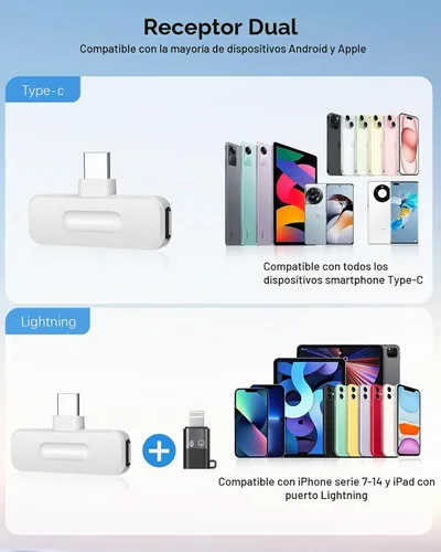 Vista 8 de Mini micrófono inalámbrico para iPhone, paquete de 2 micrófonos Lavalier para grabación de video, micrófono de solapa con reducción de ruido 2 en 1
