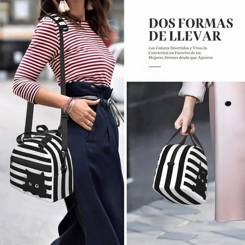 Vista 7 de Perinsto Bolsa de almuerzo a rayas blancas y negras con diseño de gatos, contenedor aislado reutilizable con correa de hombro ajustable, 9 x 5 x 7.8