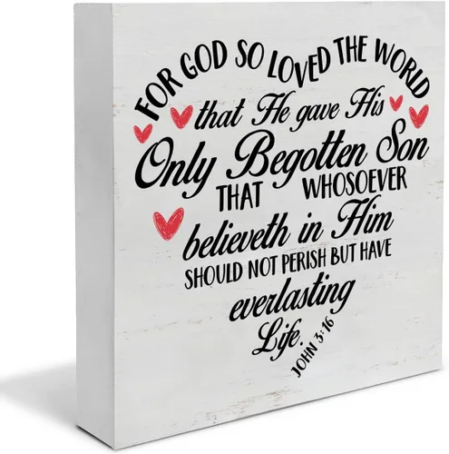 Vista 17 de Decoración Cristiana para el Día de San Valentín, Letrero de Madera con Versículo Bíblico Juan 3:16 Rústico para Hogar, Mesa, Estanteria, Dios