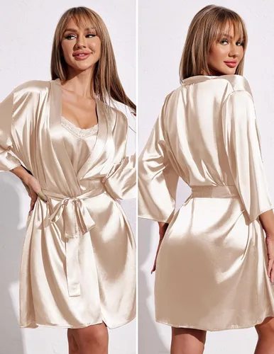 Vista 2 de Ekouaer Women's Satin Robe Set Silk Pajama Sets Nightgown with Robes Lace Cami Sleepwear Bridesmaid Wedding Kimonos