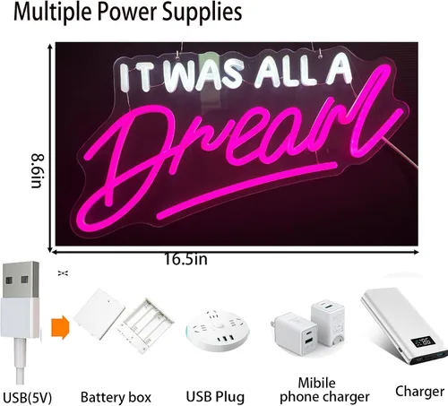 Vista 5 de Letrero de neón con texto en inglés "It was All A Dream" para dormitorio, letrero de neón LED para pared, hecho a mano, luz de neón con regulador
