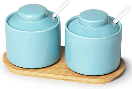 Vista 11 de ONTUBE Azucarero de cerámica con tapa y cuchara, juego de 2, caja de condimentos de porcelana con bandeja, 8 onzas (negro)