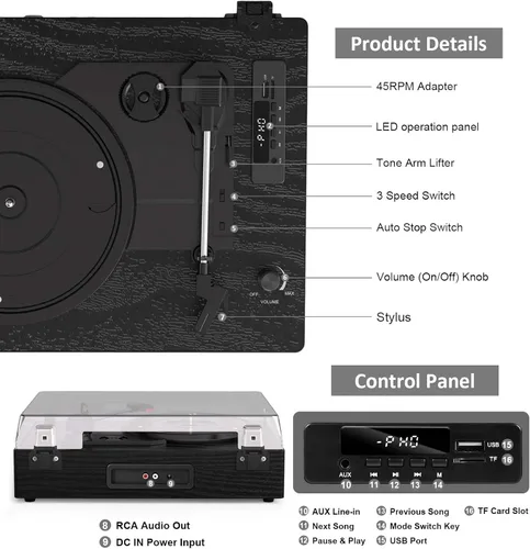 Vista 6 de Tocadiscos de vinilo vintage con altavoces integrados, tocadiscos de 3 velocidades por correa, reproducción Bluetooth, grabación USB/TF, parada