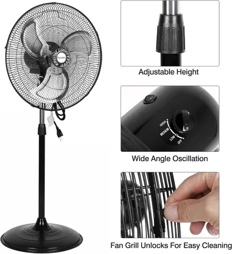 Vista 5 de hykolity Ventilador oscilante de pedestal de alta velocidad de 18 pulgadas con 3 velocidades, ventilador de metal resistente de 3850 CFM con aspas