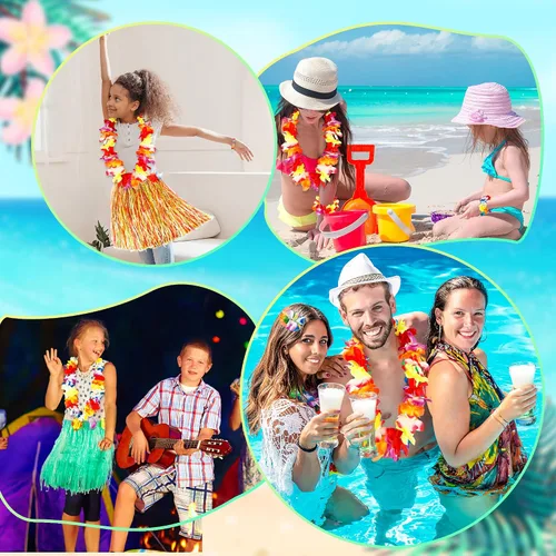 Vista 6 de Juego de 14 piezas de falda hawaiana de hierba hula con flores, pulsera de flores, clip para el cabello, traje hawaiano para fiesta de playa