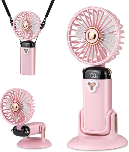 Vista 8 de Versátil ventilador portátil 4 en 1, ventilador a pilas con base, ajustable a 90°, mini ventiladores recargables, pantalla digital y capacidad