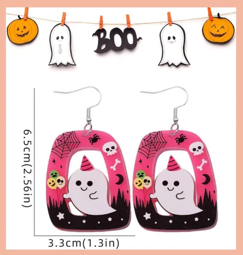 Vista 3 de Adoshine 4 pares de aretes de Halloween para mujeres y niñas, brujas espeluznantes, calabaza, telaraña, esqueleto, fantasma, gato negro, ligeros