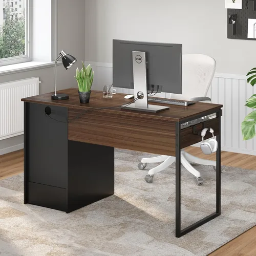 Vista 2 de Bestier - Escritorio de computadora de 48 pulgadas con cajones, escritorio de oficina con almacenamiento, escritorio de escritura de madera Cereza