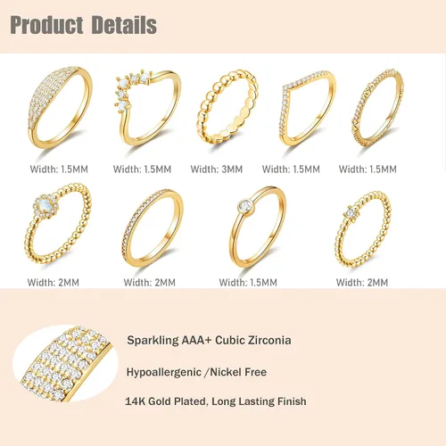 Vista 3 de PLOMFOV Juego de 9 anillos apilables con placa de oro de 14 quilates para mujer, anillos de circonita cúbica de ópalo en V, anillos delgados