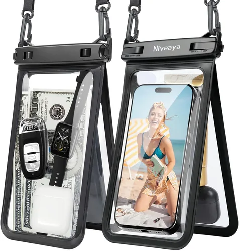 Vista 19 de Niveaya Bolsa impermeable para teléfono con doble espacio - 2 unidades, funda impermeable con cordón para iPhone 16/15/14/13/12 Pro Max hasta 8.3