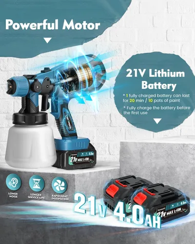 Vista 2 de Pulverizador de pintura inalámbrico con 2 baterías de 21 V, 4.0 Ah, 30.4 fl oz, pistola de pintura en aerosol inalámbrica, 3 modos de pulverización