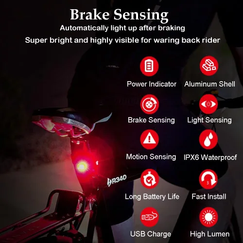 Vista 2 de G Keni Luz trasera inteligente para bicicleta, luces traseras con detección de freno, encendido/apagado automático, impermeable, recargable por USB