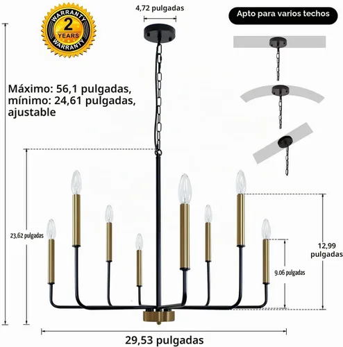 Vista 2 de Lámpara de araña negra y dorada, 8 lámparas modernas de granja para comedor, lámpara de comedor negra para cocina, vestíbulo, sala de estar Negro
