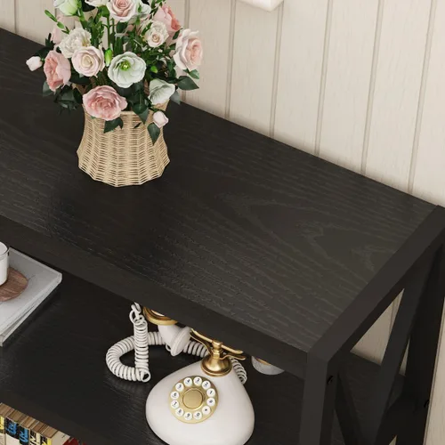 Vista 3 de Mesa consola para entrada, mesa de sofá larga con estantes debajo de la ventana, mesas de pasillo de madera y metal para vestíbulo