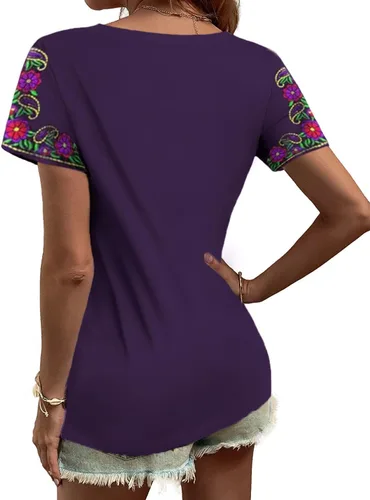 Vista 2 de Melliflo Camisetas mexicanas de manga corta para mujer, bordadas florales, sueltas, estilo étnico, camisetas bohemias