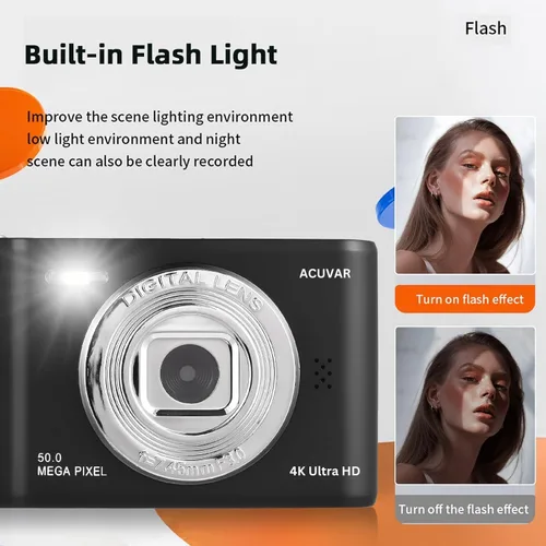 Vista 6 de Acuvar Cámara digital, cámara FHD 1080P para niños, cámara de 50 MP para apuntar y disparar con zoom de 16X antivibración, cámara pequeña portátil