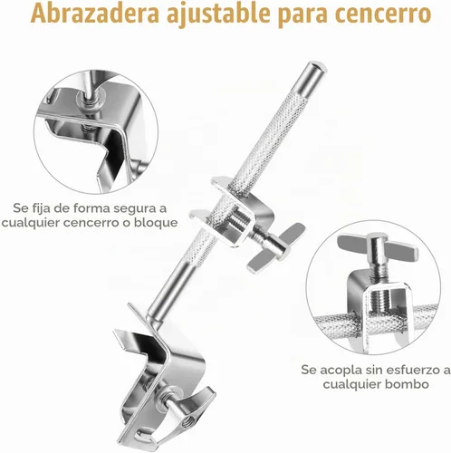 Vista 4 de 15 cm de cencerro y abrazadera de cencerro, cencerro para set de tambores, soporte de cencerro percusión, soporte ajustable de cencerro para aro