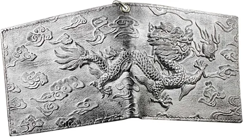Vista 5 de Cartera de cuero gris plateado con cadena para hombre, diseño de dragón vintage, plateado, Vintage