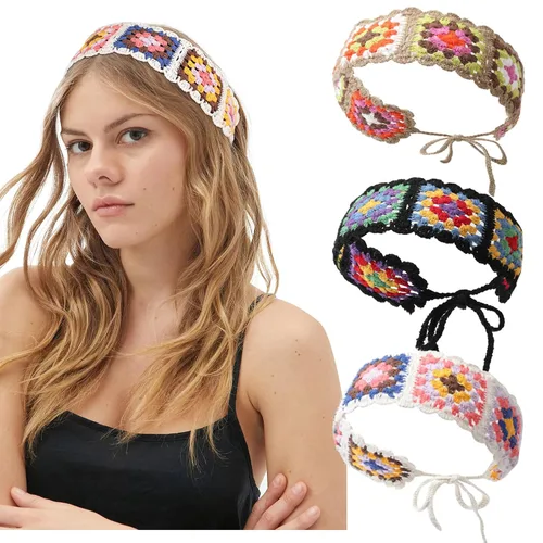 Vista 9 de CHLINS Diademas elásticas de ganchillo hechas a mano con margaritas florales – 3 unidades de diademas de punto bohemio para mujeres y niñas