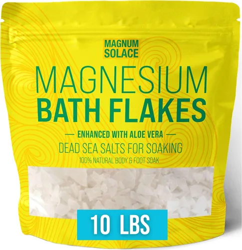 Vista 6 de Copos de baño de magnesio, sal del mar muerto, sales del mar muerto para remojar, copos de magnesio para baño, mejorados con aloe vera (3 libras)