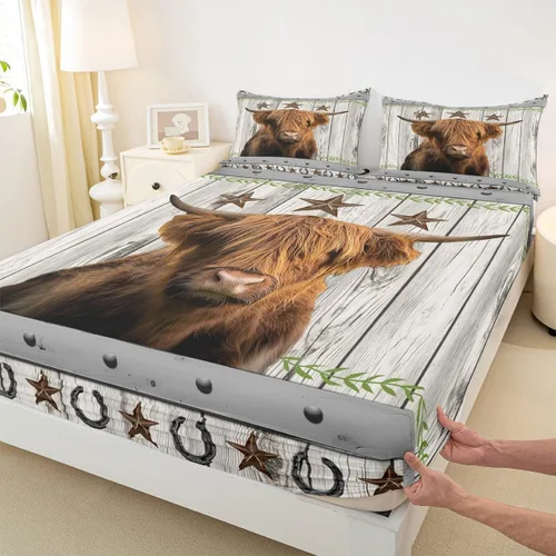 Vista 15 de Sábana bajera ajustable para niños con estampado de piel de vaca rústica, tamaño individual, juego de ropa de cama de tablones de madera vintage