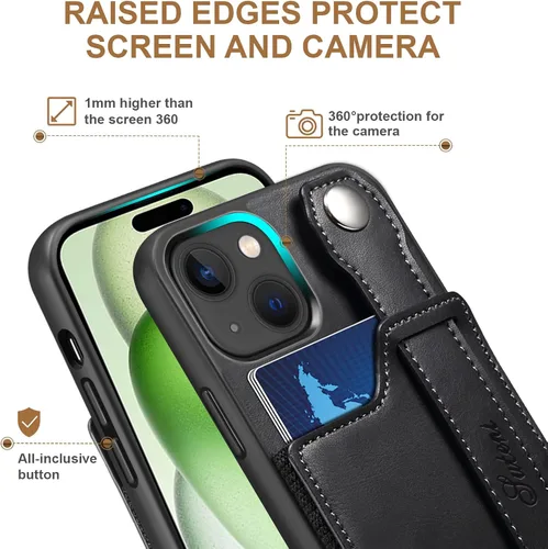 Vista 6 de Funda para iPhone 15 Plus 2023, de piel sintética, con ranura elástica para tarjetas, cierre magnético, correa de mano, funda protectora para iPhone