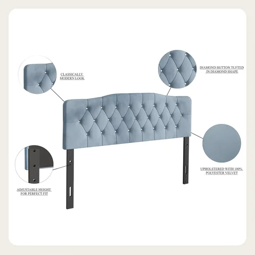 Vista 6 de Cabecera tapizada de terciopelo ajustable con botones de diamantes de cristal doble, color azul claro