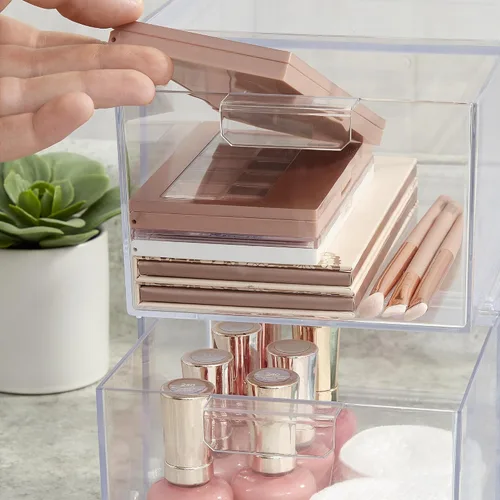 Vista 8 de STORi Audrey - Cajones organizadores apilables de plástico transparente Juego de 2 piezas Organiza cosméticos y suministros de belleza en un
