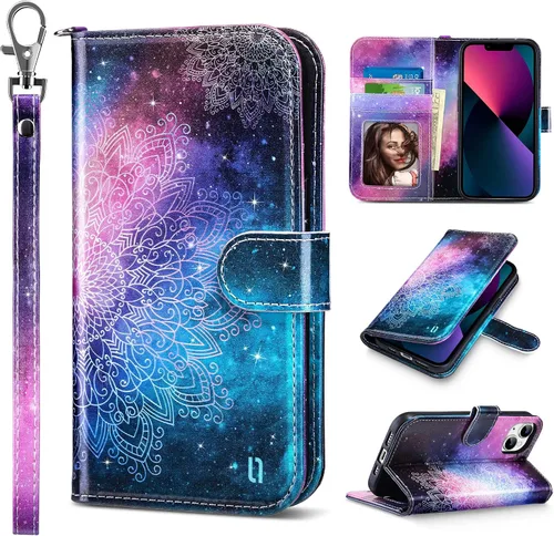Vista 19 de ULAK Compatible con iPhone 13 Funda tipo cartera para mujer, funda tipo billetera de piel PU con tarjetero y función de caballete, funda protectora