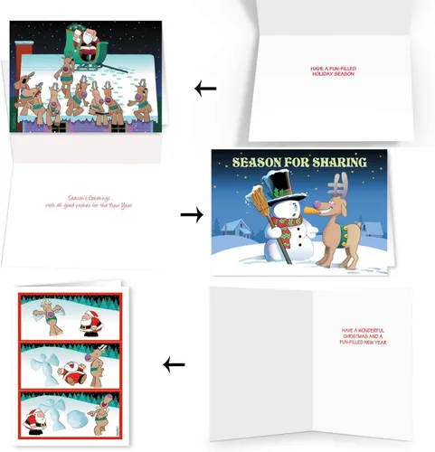 Vista 2 de Caja con juego de 24 tarjetas de Navidad divertidas, de Stonehouse Collection. 8 diseños, 3 tarjetas por diseño.