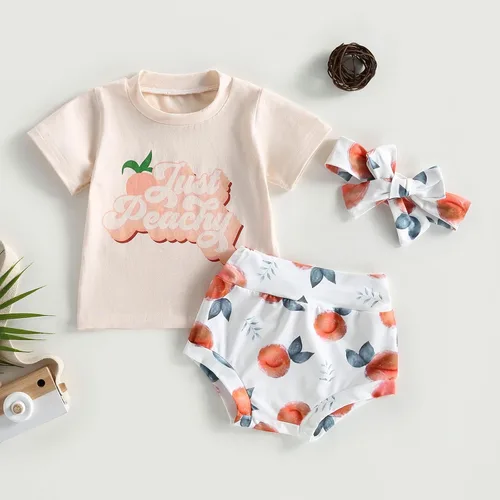 Vista 2 de Conjunto de pantalones cortos para bebé niña, camiseta de manga corta con estampado de letras, camiseta y pantalones cortos, diadema de 3 piezas