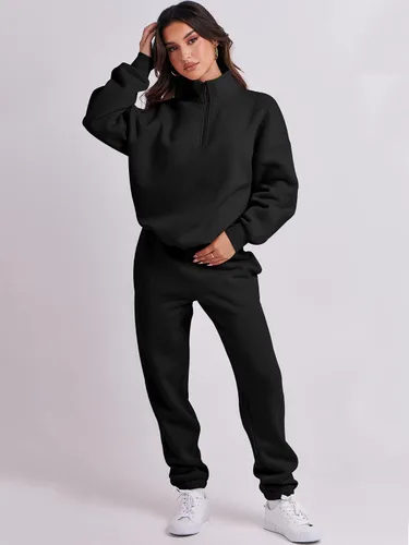Vista 3 de Prinbara Conjunto de sudadera de manga larga con media cremallera para mujer, conjunto de 2 piezas con bolsillos