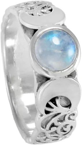 Vista 2 de Anillo de plata de ley con triple luna creciente y piedra lunar arcoíris (tallas 4-15)