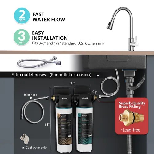 Vista 3 de Frizzlife Sistema de filtro de agua DW10 para debajo del fregadero, elementos certificados NSF/ANSI 53 y 42, reduce el 99.99% de plomo, cloro