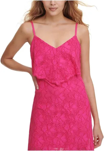 Vista 3 de GUESS Vestido largo de encaje elástico para mujer con cuello en V festoneado EDG, Rosado