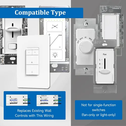 Vista 3 de Control universal de ventilador de techo e interruptor de luz regulador, control de pared de 4 velocidades, combo de ventilador de un solo polo e