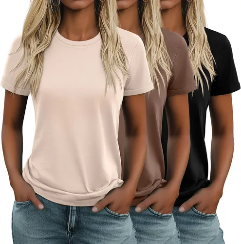Vista 28 de Huukeay Paquete de 3 camisetas de algodón para mujer, estilo casual, de manga corta, cuello redondo, ajuste holgado, básica, lisa