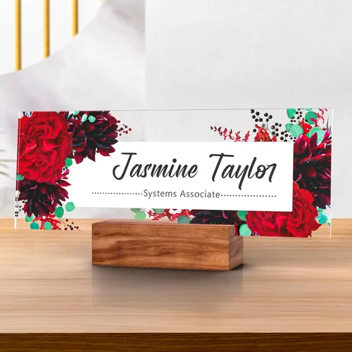 Vista 39 de Placa de identificación personalizada para escritorio, decoración de oficina de acrílico transparente con diseño de flores, decoraciones