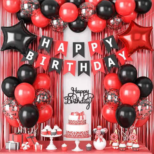 Vista 13 de Decoraciones de cumpleaños azul marino y negro para hombres, globo de confeti negro y azul con pancarta de "Happy Birthday", cortinas con flecos