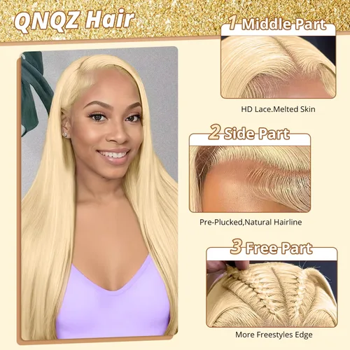 Vista 2 de QNQZ Peluca de cabello humano con encaje frontal 613 de 20 pulgadas, color rubio 13x6, peluca de encaje frontal HD, 220 de densidad, pelucas rubias