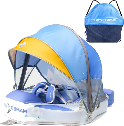 Vista 8 de Mambobaby Flotador de piscina para bebé no inflable con toldo UPF 50+, flotador de natación infantil antideslizante con arnés de seguridad de 5