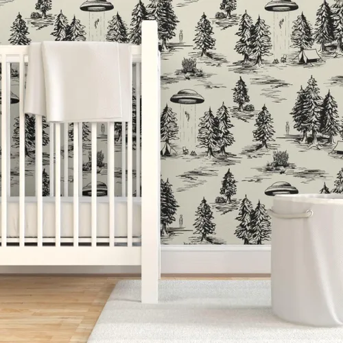Vista 6 de Spoonflower Papel Tapiz Despegar y Pegar Muestra - OVNI Grande Negro Toile De Jouy Abducción Alienígena Espacio Acampada Papel Tapiz Removible