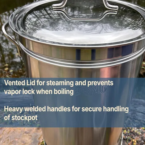 Vista 5 de Bayou Classic El kit de cocina de caldera de acero inoxidable cuenta con caldera de acero inoxidable de 44 cuartos con tapa, cesta de vapor/hervir