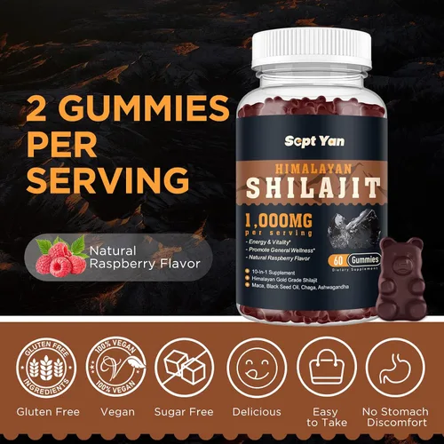 Vista 6 de Shilajit - Gomitas de 1000 mg – Shilajit puro orgánico del Himalaya para hombres y mujeres, más de 85 minerales traza resina Shilajit