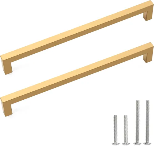 Vista 27 de Tiradores para gabinete dorados, manijas cuadradas para cajones, paquete de 2, manijas de acero inoxidable para cocina de 13-4/5 pulgadas, herrajes