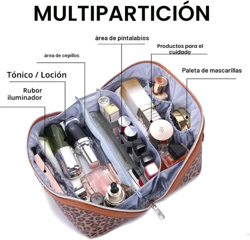 Vista 3 de BOYATU Bolsa de maquillaje de viaje para mujer: 3 en 1 modular con estampado de leopardo para viajes de 3 a 15 días - Neceser impermeable de cuero