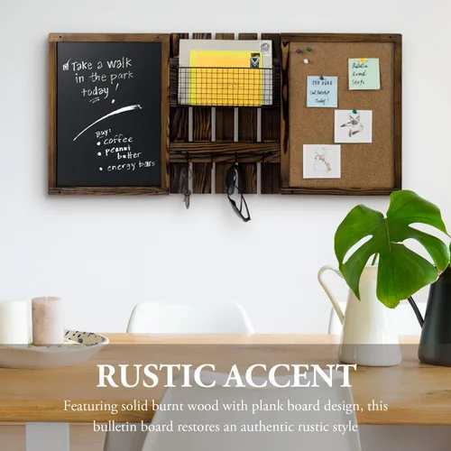 Vista 2 de MyGift - Juego de tablero de anuncios de entrada montado en pared de 3 paneles con marco de madera maciza rústica quemada, pizarra, tablero